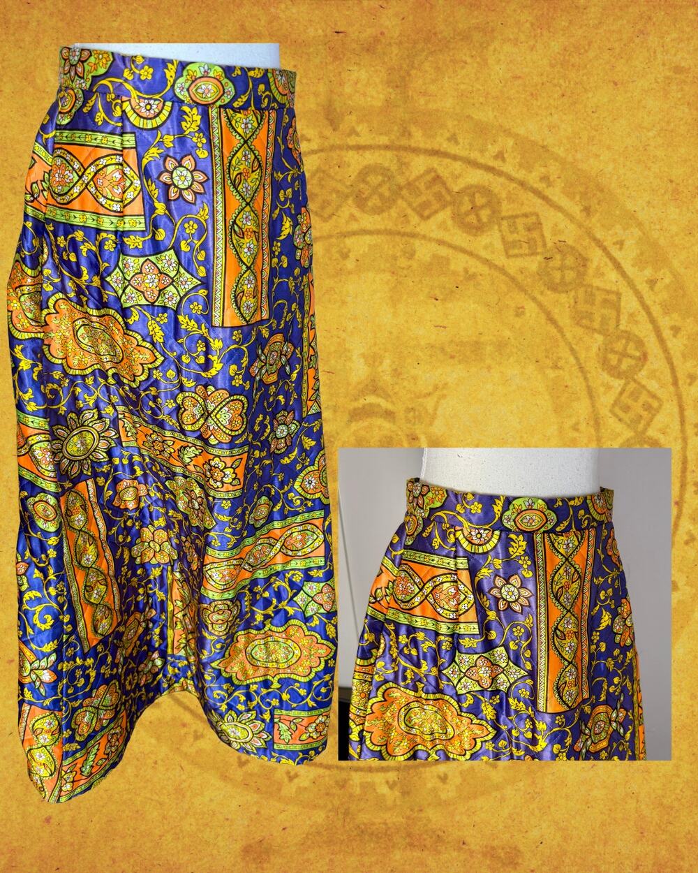Vintage 60s Byer California Blue Green Gold Quilted Hippy Maxi Skirt S